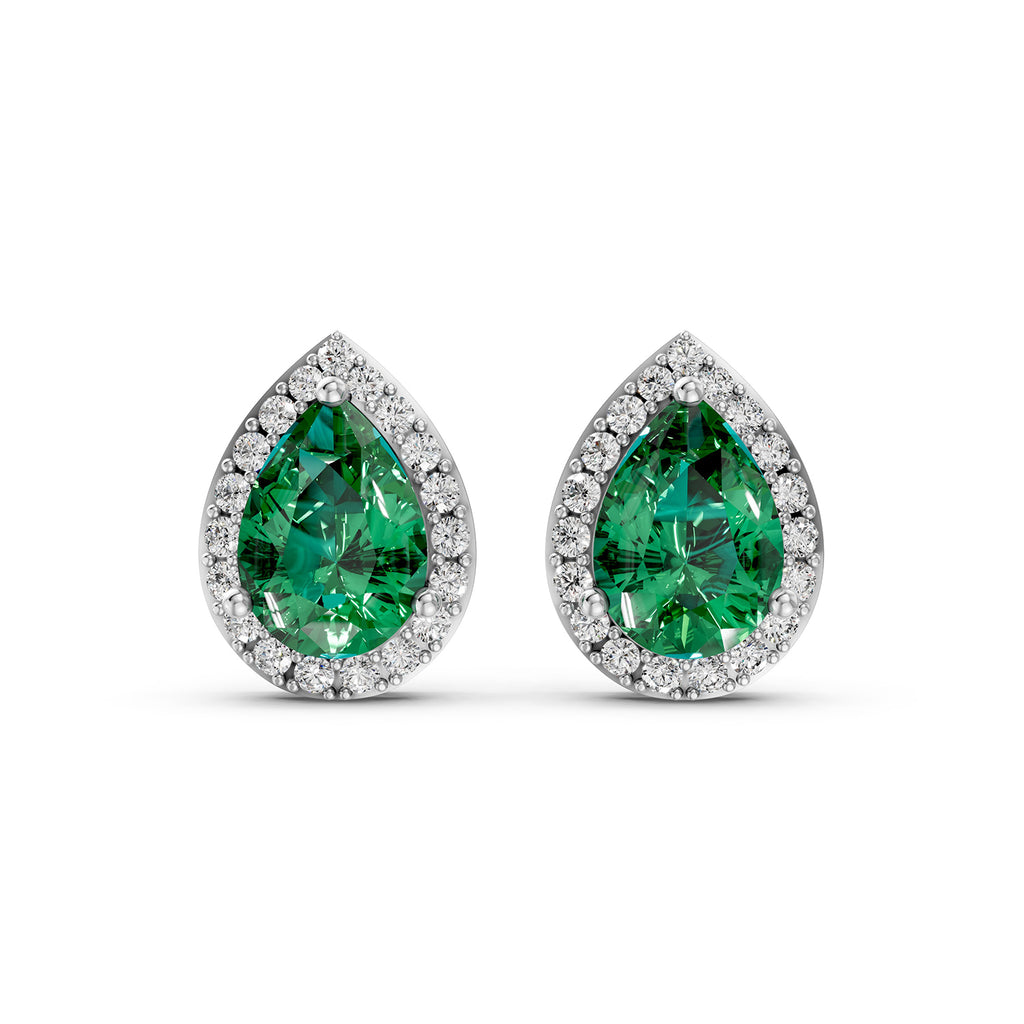 Pear Cut Green Gemstone & Lab-Grown Diamond Halo Stud