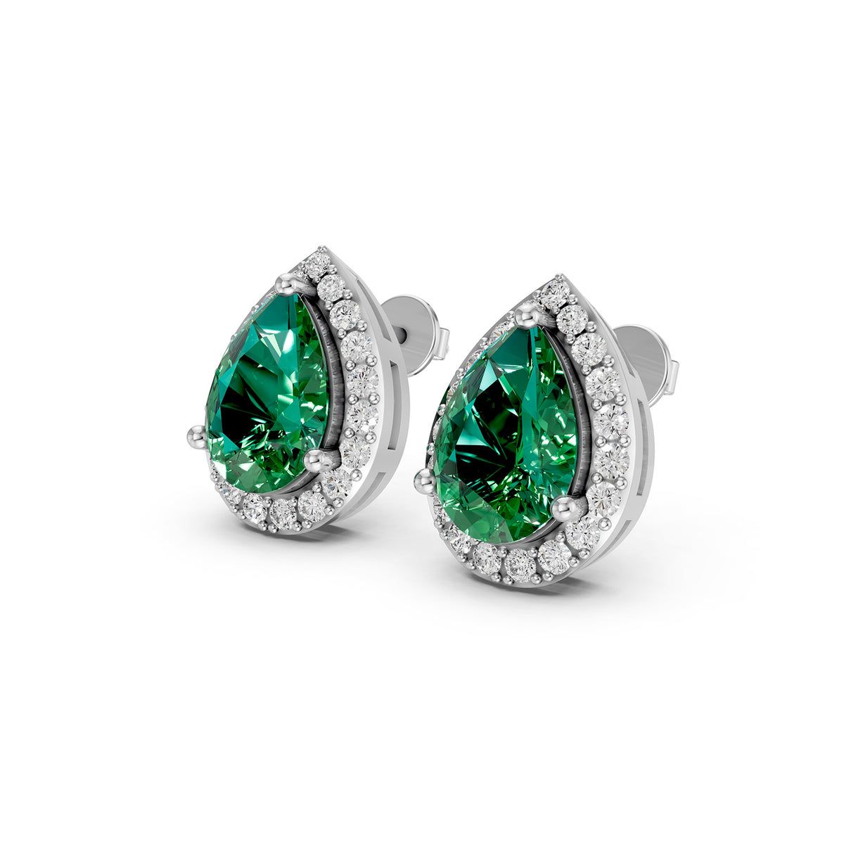 Pear Cut Green Gemstone & Lab-Grown Diamond Halo Stud