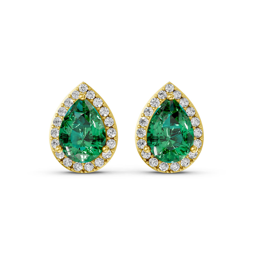 Pear Cut Green Gemstone & Lab-Grown Diamond Halo Stud