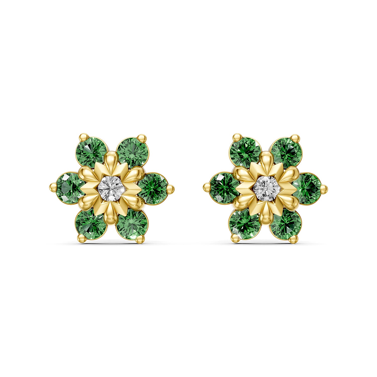 Floral Lab-Grown Diamond & Green Gemstone Stud
