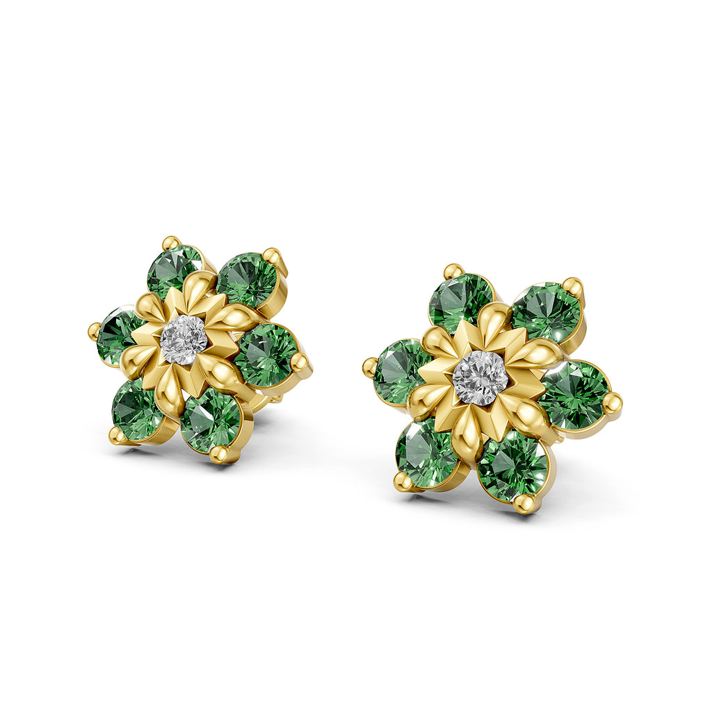 Floral Lab-Grown Diamond & Green Gemstone Stud