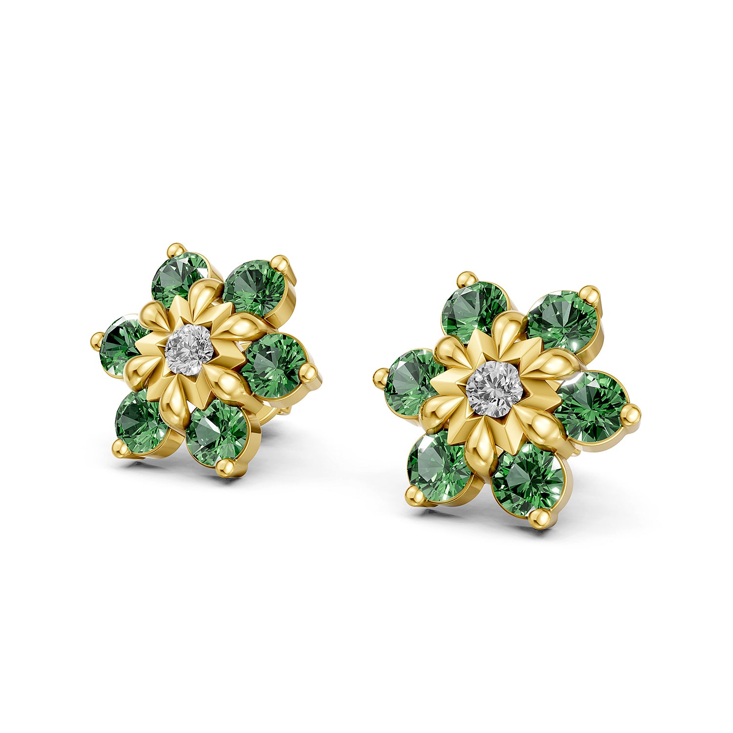 Floral Lab-Grown Diamond & Green Gemstone Stud
