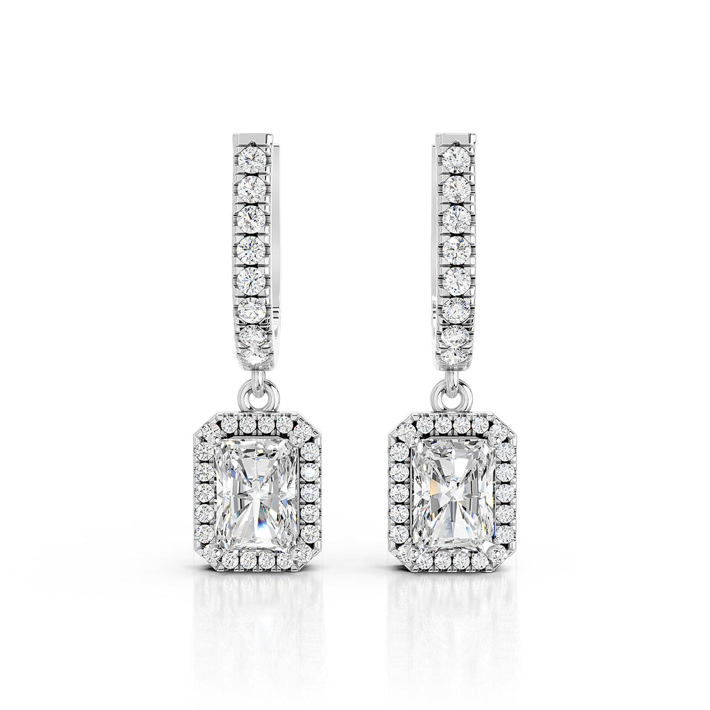 Radiant Cut Lab-Grown Diamond Halo Drop Hoop Earrings
