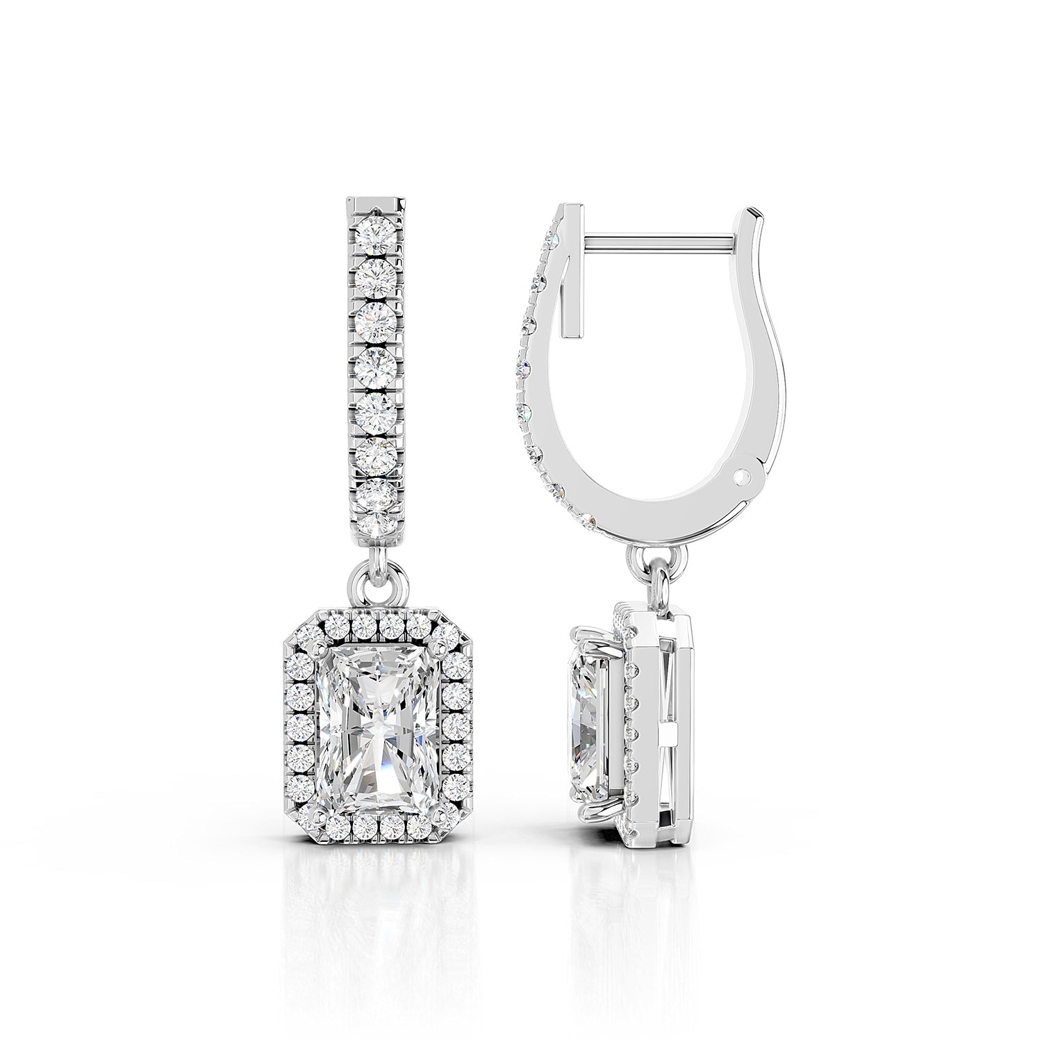 Radiant Cut Lab-Grown Diamond Halo Drop Hoop Earrings