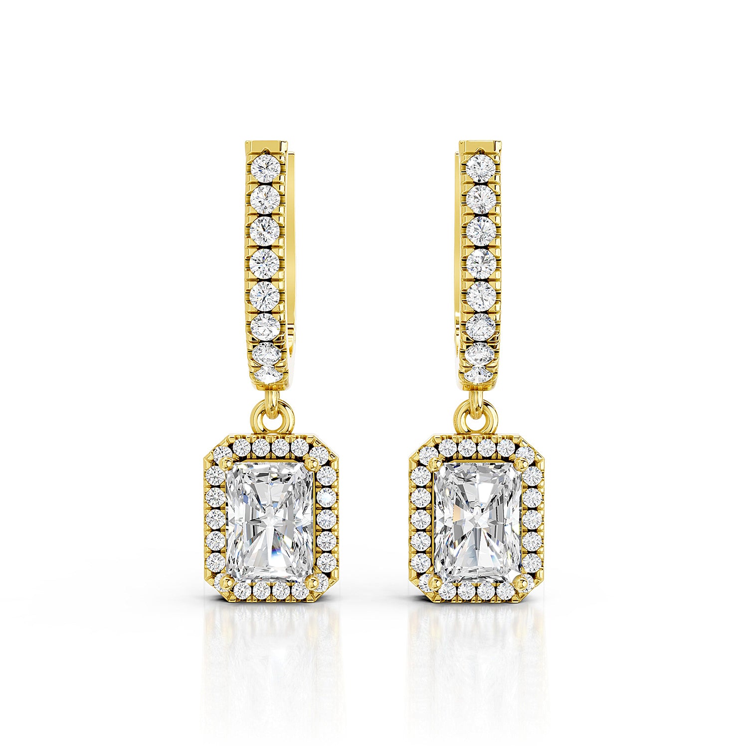 Radiant Cut Lab-Grown Diamond Halo Drop Hoop Earrings