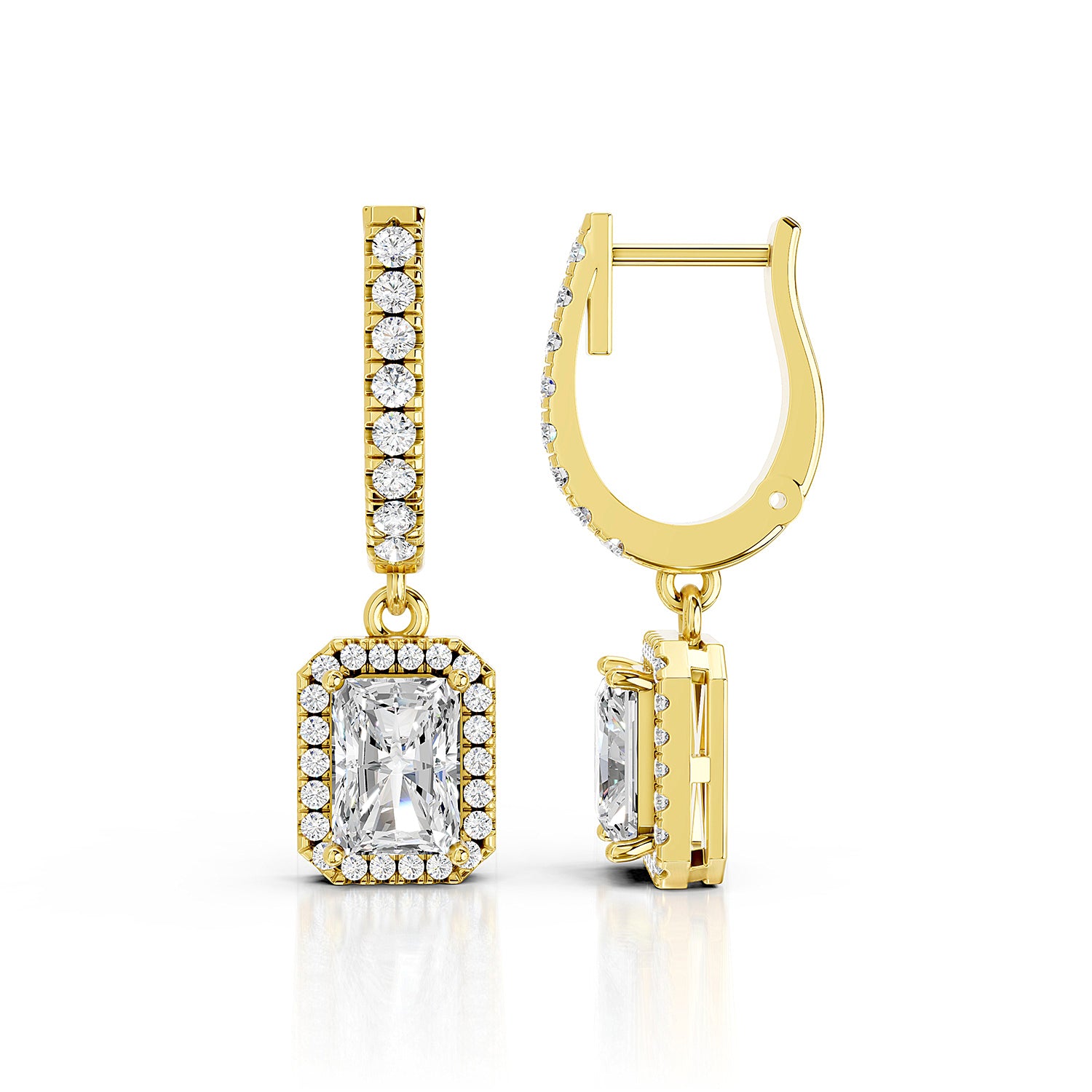 Radiant Cut Lab-Grown Diamond Halo Drop Hoop Earrings